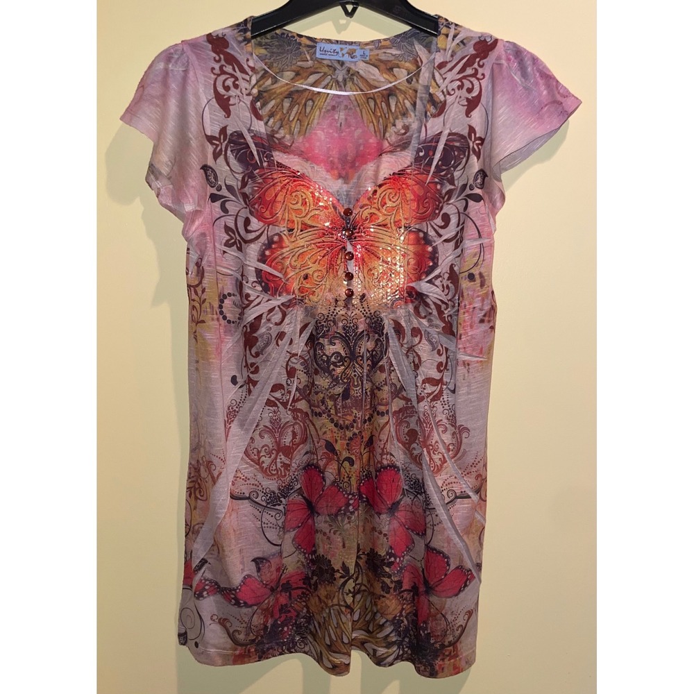 Unity World Wear Orange Butte Butterfly Sequin Top Short Sleeve V-Neck NWT L